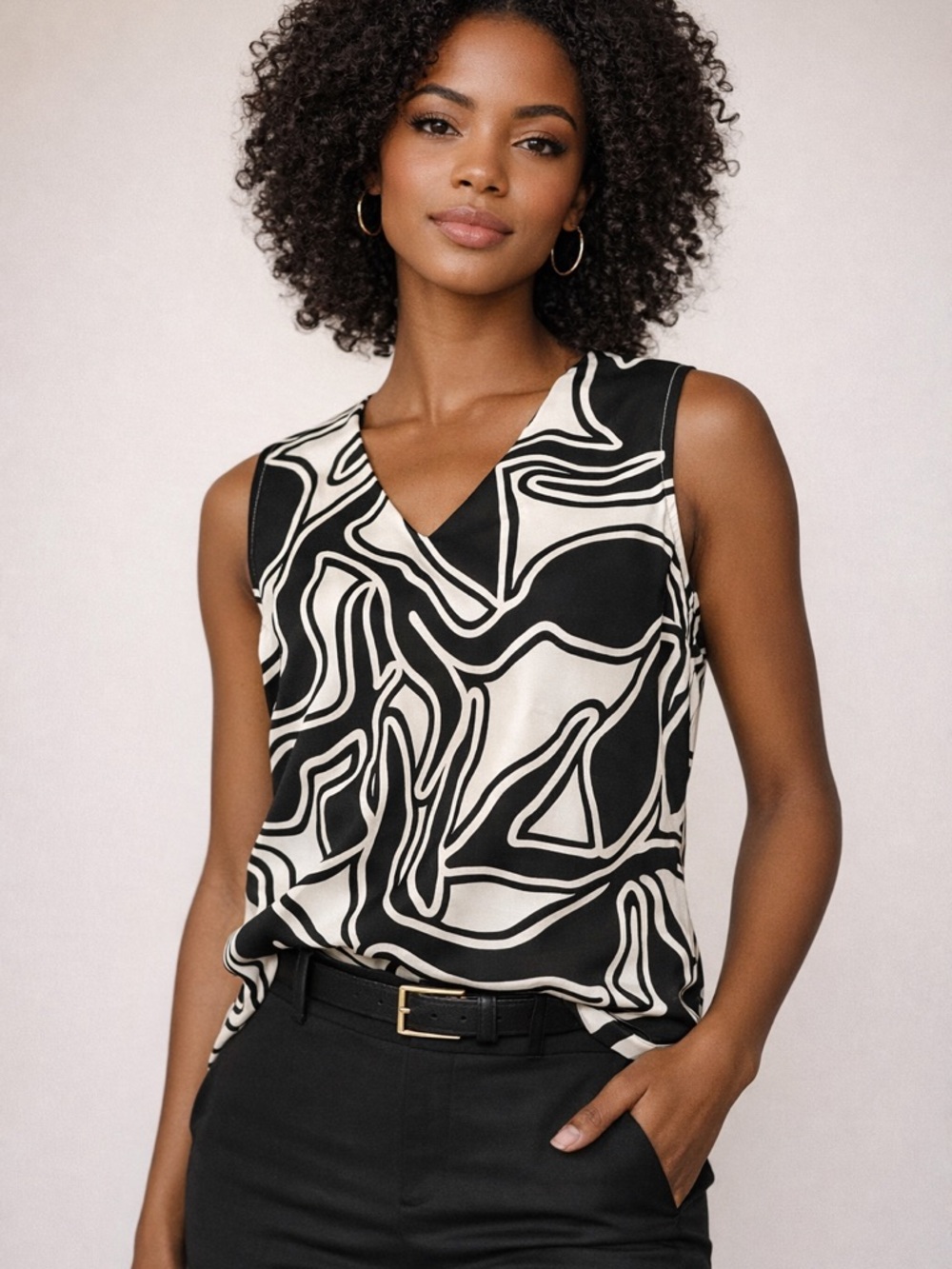Nine West Black White Abstract Print Sleeveless Blouse XS NWT